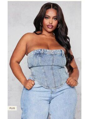 PrettyLittleThing Plus Blue Light Wash Jean Waistband Detail Corset Size 20 NWT